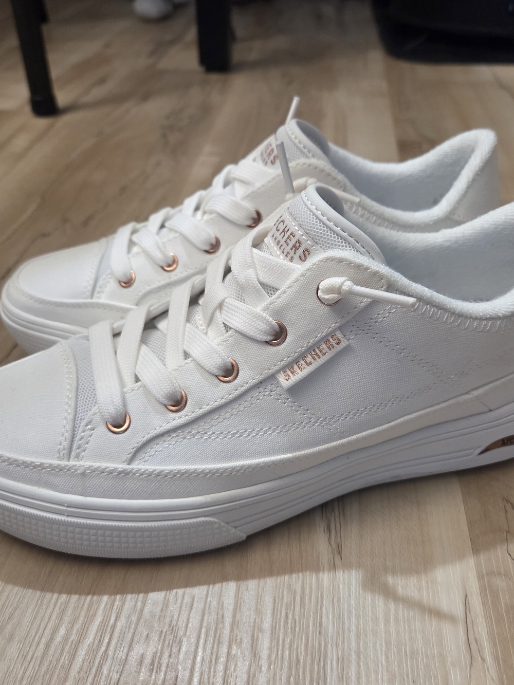 Skechers Women's White Canvas Sneakers with Rose Gold Accents